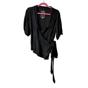 Johnny Was Wrap Tie Blouse Boho Eyelet Peasant Black Women Small